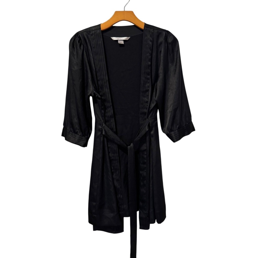 Vtg 90s Y2K Victoria's Secret Black Satin Silky Robe Short Sexy Belted Kimono S